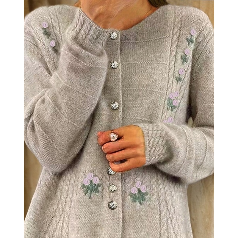 Women's Sweater Cardigan Crew Neck Cable Knit Embroidered Buttons Knitted Drop Shoulder Spring Fall Home Daily Holiday Vintage Daily Soft Long Sleeve Floral Pure Color Camel Beige2