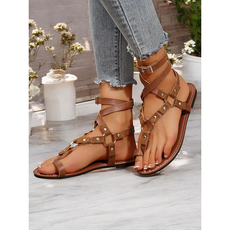 Women's Bohemian Gladiator Sandals – Lace-Up Flat Roman Style Strappy Shoes with Studded Details for Summer, Beach & Casual Wear3