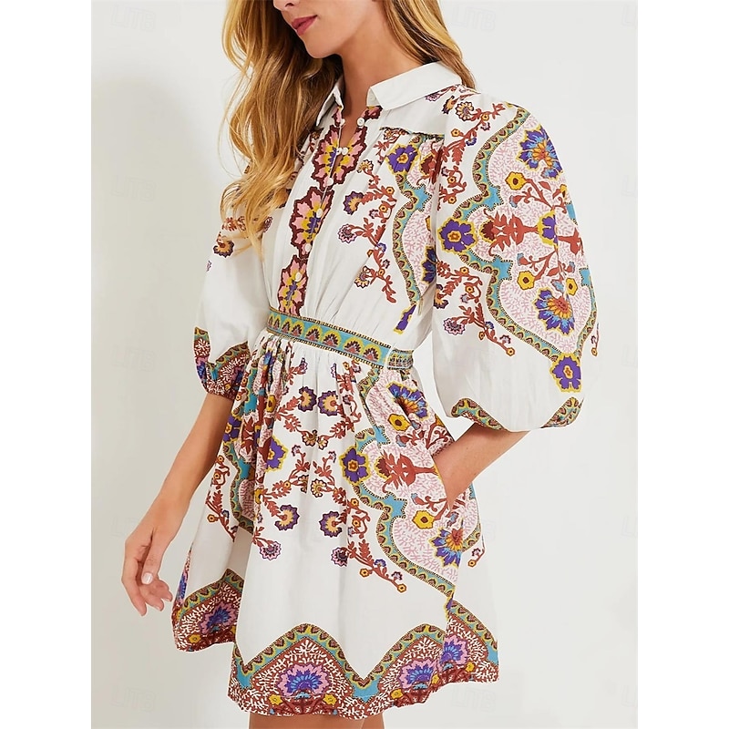 Women's Mini Dress Petite Dress A Line Dress Boho Dress Elegant Bohemia Cute Lantern Sleeve Vacation Daily Date Loose Fit Graphic Half Sleeve V Neck White Summer Spring Fall3