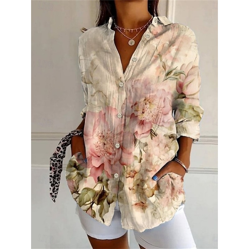 Women's Shirt Cotton Linen Shirts Button Up Blouse Floral Geometric Basic Casual Long Sleeve Shirt Collar Regular Tops Daily Buttons Print White Army Green Red Khaki Gray Fall Winter4