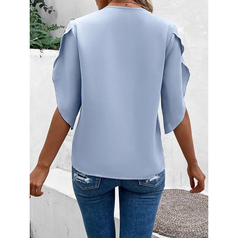 Women's Shirt Blouse Solid Color Stylish Casual Half Sleeve Bell Sleeve V Neck Regular Tops Daily Lace Patchwork Pink Light Blue Summer Spring Fall2
