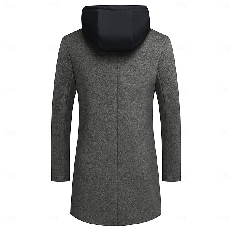 Men's Winter Coat Wool Coat Overcoat Trench Coat Outdoor Daily Wear Fall & Winter Polyester Windbreaker Outerwear Clothing Apparel Fashion Streetwear Plain Hooded Single Breasted One-button3