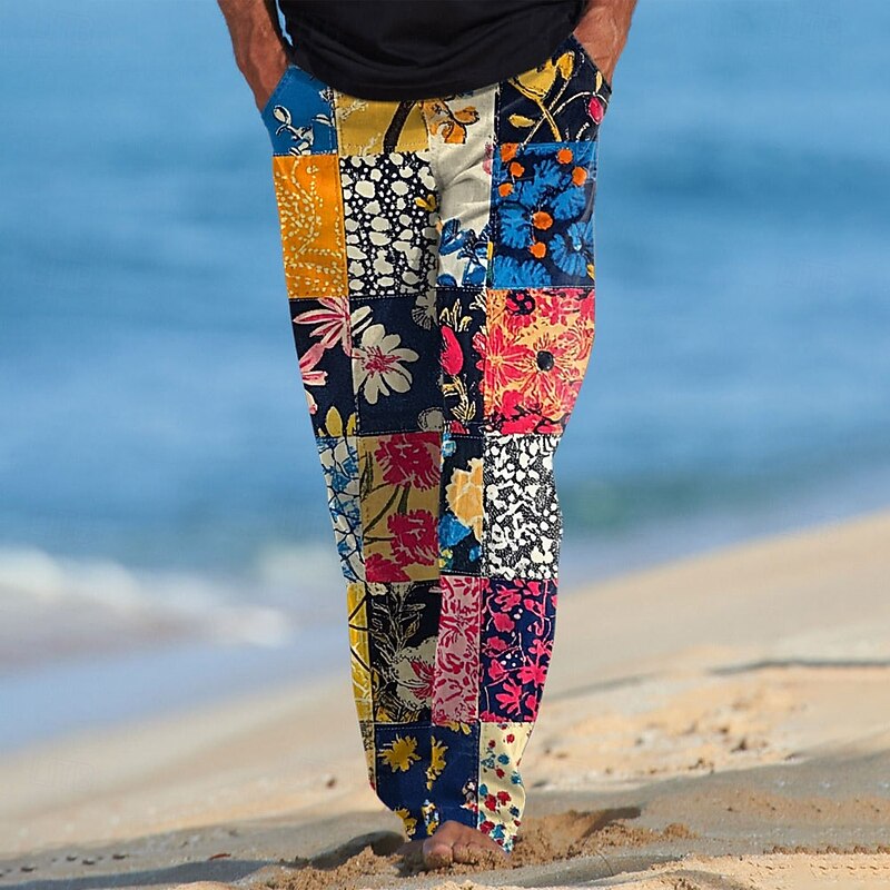 Men's Floral Color Block Patchwork Trousers Casual Pants Drawstring Elastic Waist Hawaiian Ethnic Casual Outdoor Vacation Holiday Side Pockets Straight Leg Trousers Summer Spring Fall 3D Print Black4
