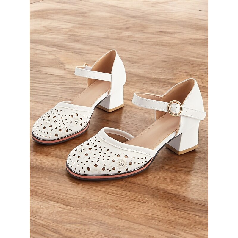 Women's White Mary Jane Low Heel Shoes - Laser Cut Floral Design, Vintage Style for Casual and Formal Occasions4