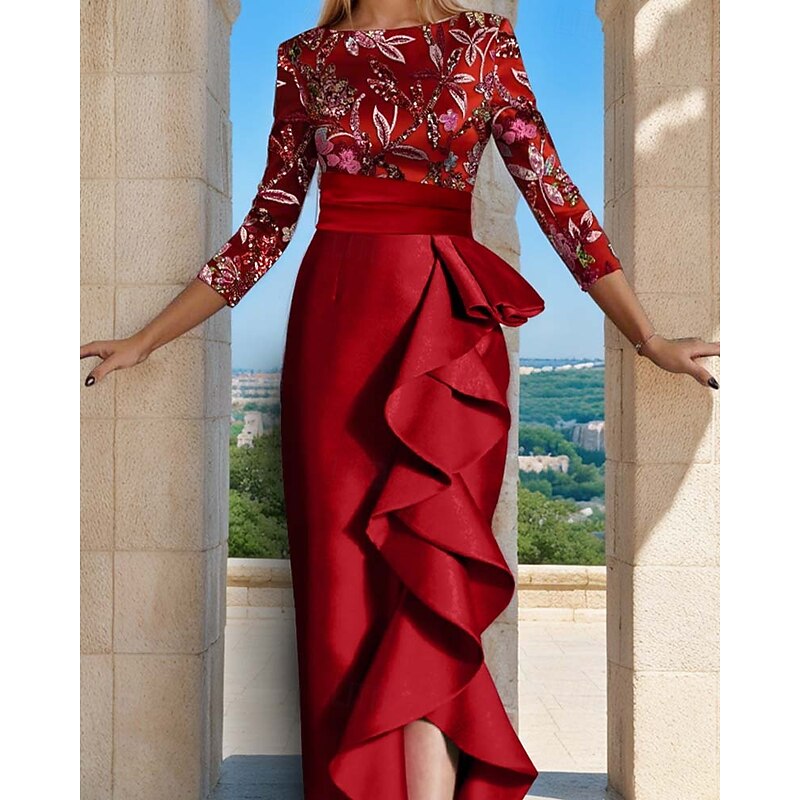 Floral Beaded Evening Gown Elegant Dress Carnival Formal Floor Length 3/4 Length Sleeve Boat Neck Satin with Ruffles Slit3