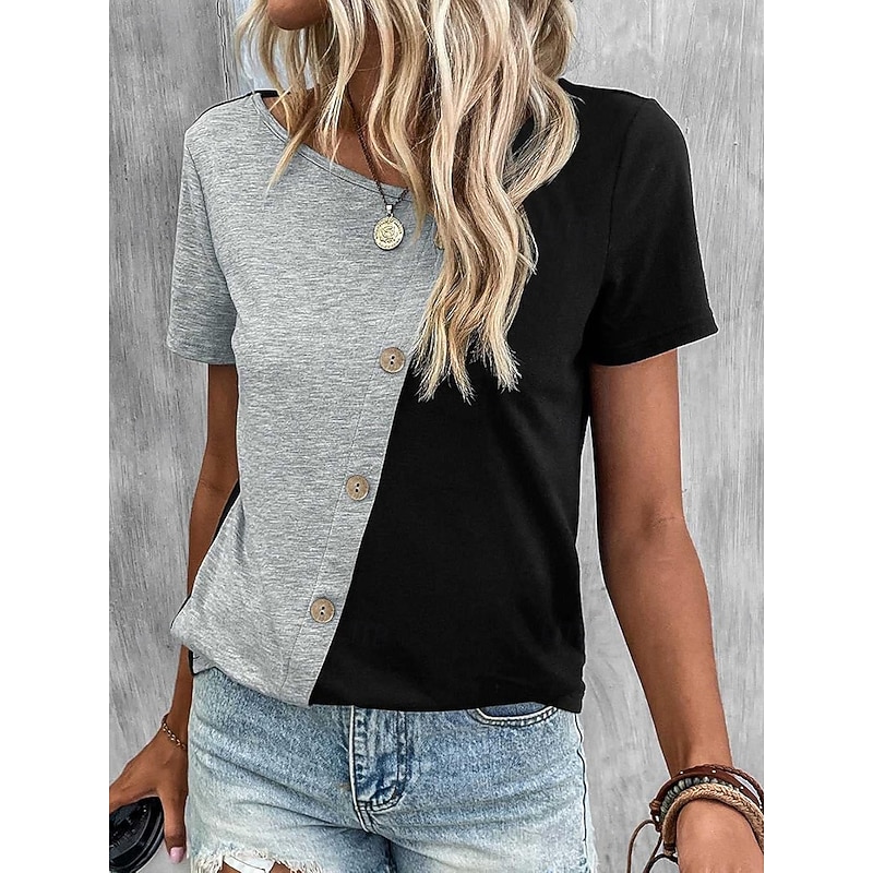 Women's T Shirt Casual Short Sleeve Asymmetric Neck Regular Tops Daily Buttons Black and White Black and gray Summer4