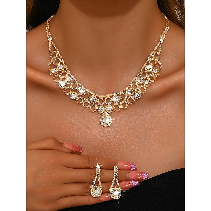 Women's Gold Crystal Necklace and Earrings Set – Elegant Rhinestone Jewelry for Weddings, Parties and Special Occasions2