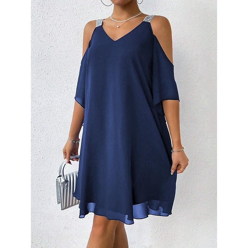 Women's Mini Dress Cocktail Dress Wedding Guest Dress Chiffon Dress Elegant Cold Shoulder Daily Loose Fit Solid Color Sleeveless V Neck Navy Blue Summer Spring Fall3