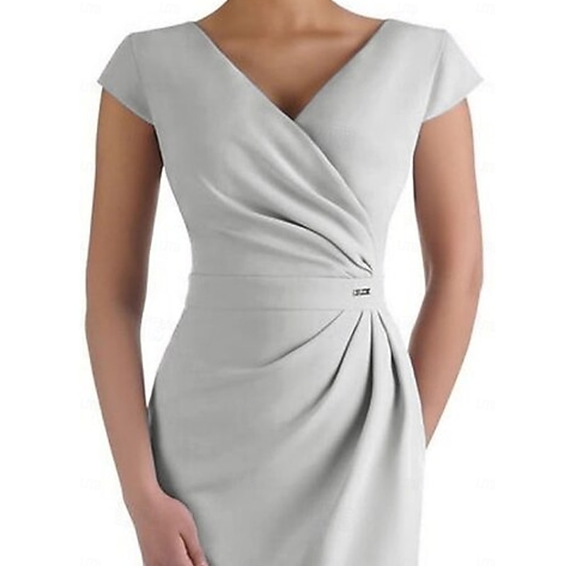 Sheath Mother of the Bride Dress Wedding Guest Elegant V Neck Knee Length Stretch Fabric Short Sleeve with Ruched free custom size2