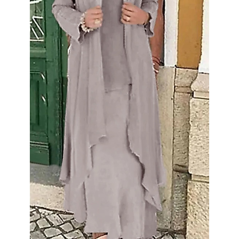 Beach Wedding Two Piece A-Line Mother of the Bride Dress Formal Wedding Guest Elegant Plus Size Casual V Neck Floor Length Lace Linen Cotton Blend Sleeveless Jacket Dresses with Appliques3