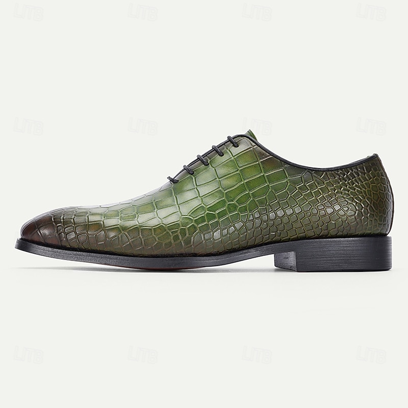 Men's Green Crocodile Pattern Leather Oxford Shoes – Premium Cowhide Lace-Up Design for Formal, Business and Special Occasions3
