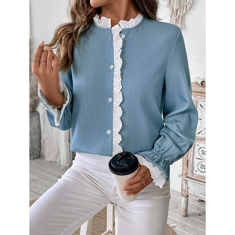 Women's Shirt Blouse Solid Color Stylish Casual Long Sleeve Turtleneck Regular Tops Daily Lace Patchwork Blue Summer Spring3