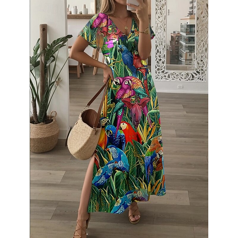 Women's Maxi Dress Casual Dress Sundress Shift Dress Stylish Casual Drop Shoulder Vacation Daily Regular Fit Floral Short Sleeve V Neck Purple Green Spring Fall2