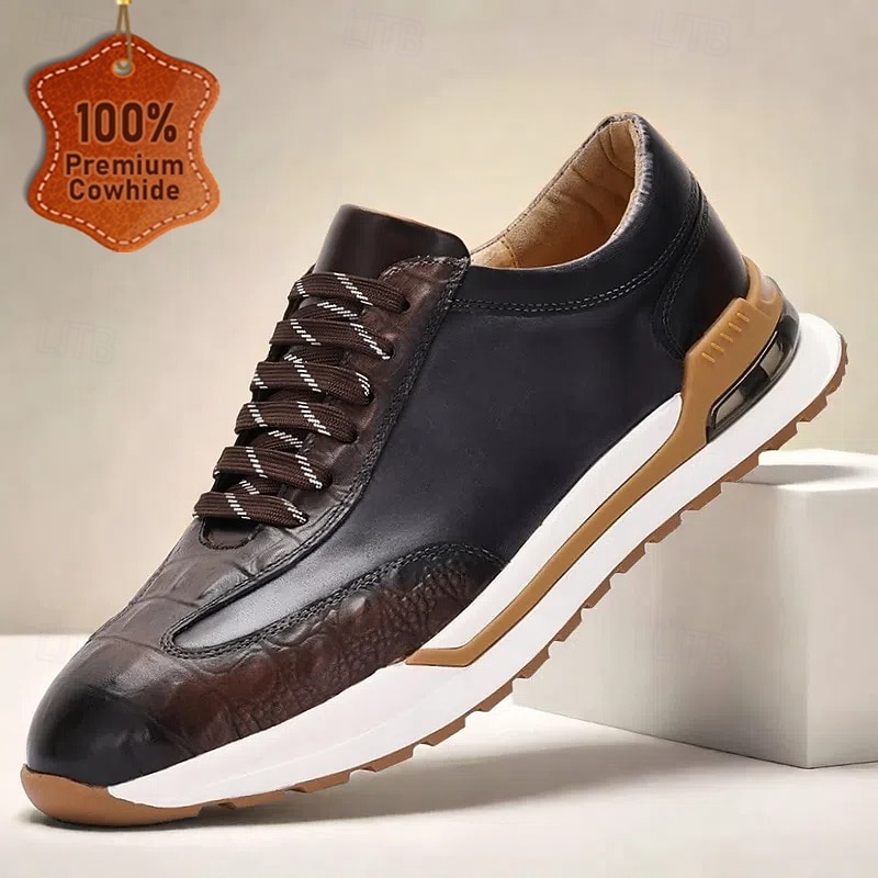Men's Premium Cowhide Leather Sneakers - Crocodile Pattern Lace-Up Casual Shoes with Cushioned Sole for Everyday Wear and Outdoor Activities