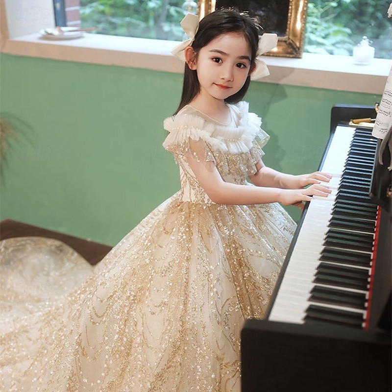 Flower Girl Dress Kid's Girls' Princess Dress Performance Wedding Party Elegant Beautiful Mesh Solid Color Short Sleeve Crew Neck Champagne 4 years+4