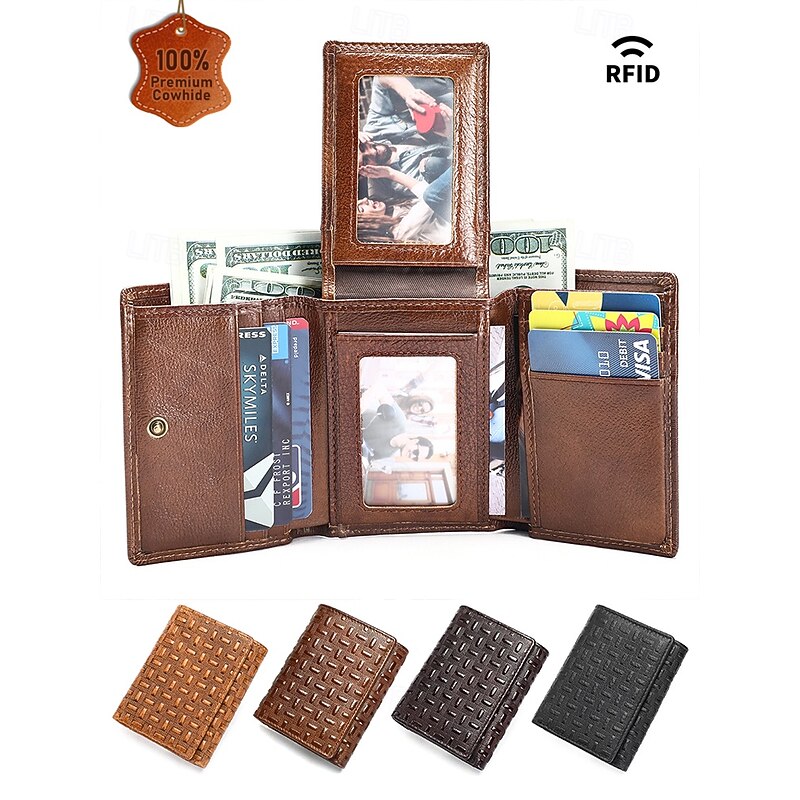 RFID Blocking Genuine Leather Wallet for Men – Trifold Design with Card Slots, ID Window, and Cash Compartment, Stylish and Secure for Everyday Use or Gifts Dark Brown Black Brown2