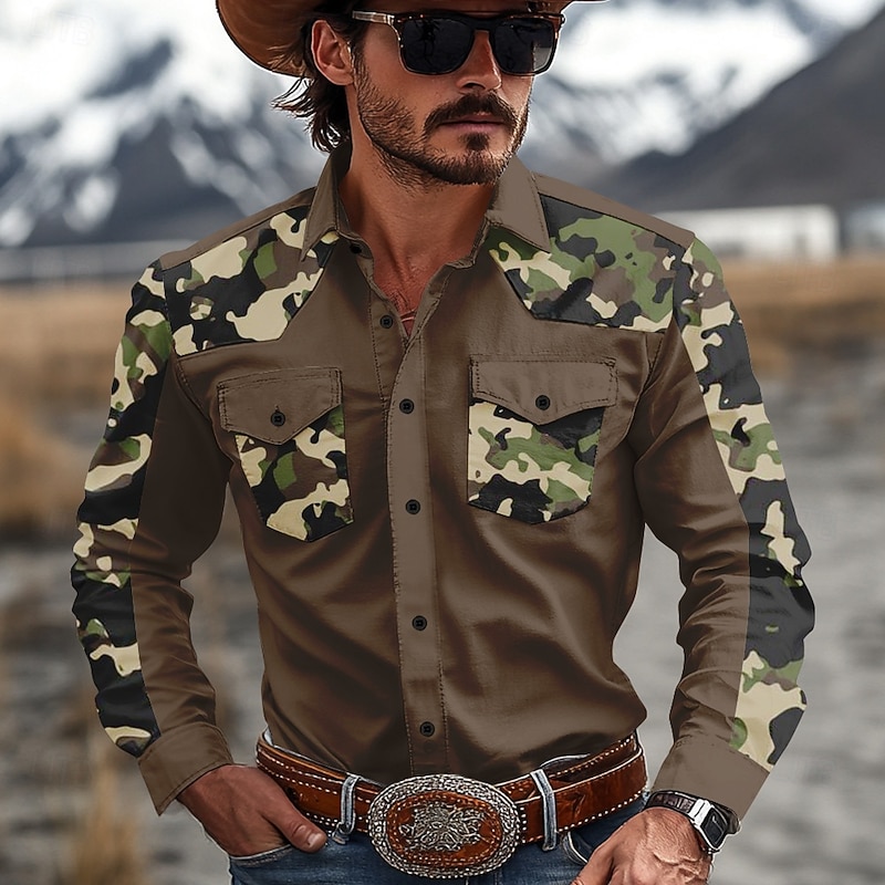 Men's Camouflage Western Shirt Long Sleeve Western Style Sports Outdoor Spring Fall Turndown Button Up 2 Pockets Brown Green Beige Gray4