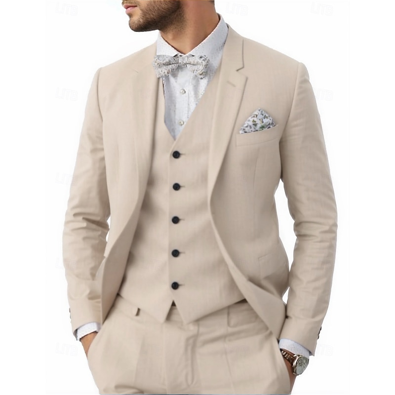 Men's Wedding Linen Suits Notch Light Blue Pink Solid Colored Tailored Fit 3 Piece Single Breasted Two-buttons3