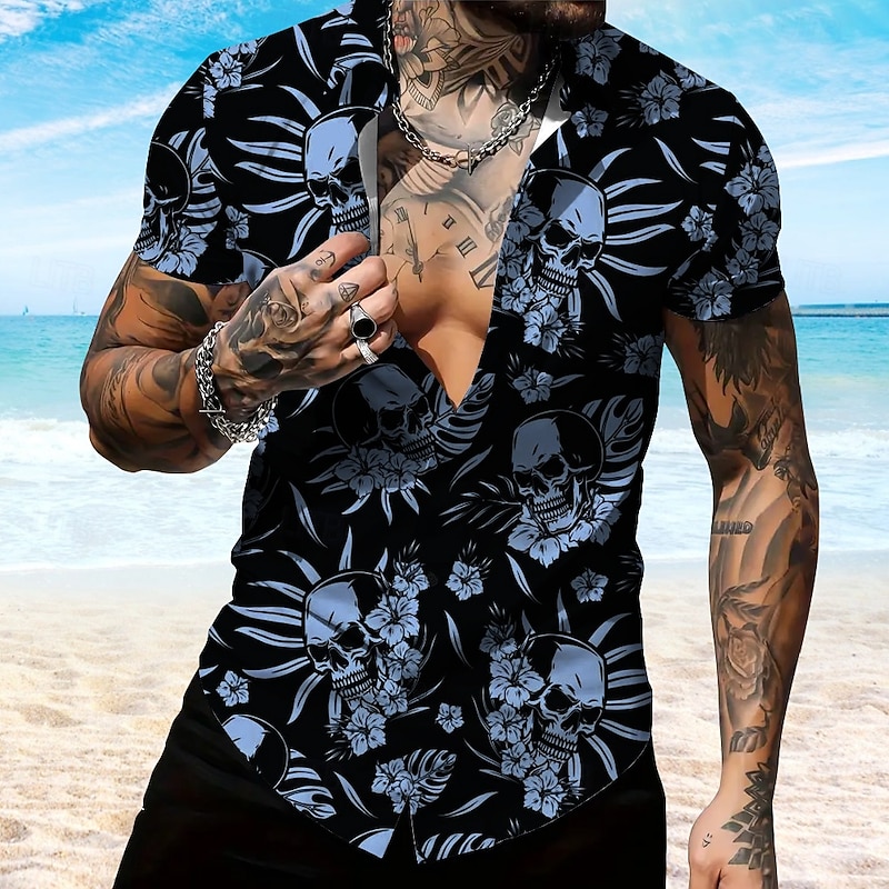Men's Leaf Skeleton Summer Hawaiian Shirt Aloha Shirt Short Sleeve Hawaiian Horror Vacation Summer Spring Turndown Button Up White Blue Purple Green2