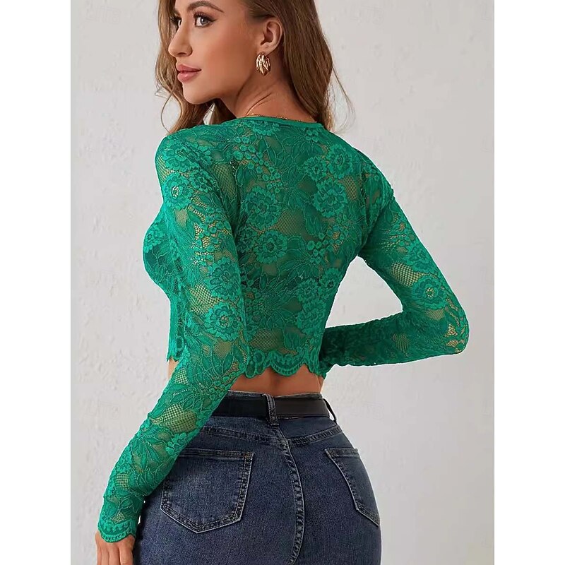 Women's Wrap Crop Top Sexy Long Sleeve Crew Neck Crop Tops Lace White Dark Green Summer Spring2