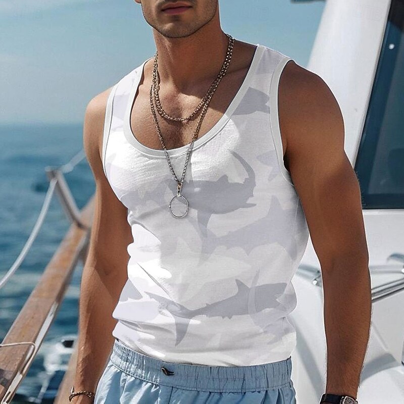 Men's Shark T Shirt Vest Top Sleeveless T shirt 3D Print Crew Neck Shirt Vacation Casual Hawaiian Holiday White Summer Spring Clothing Apparel S M L XL XXL XXXL