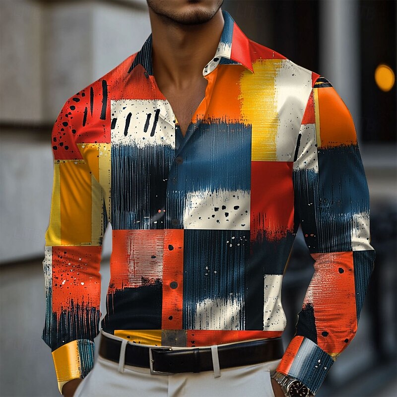 Men's Color Block Patchwork Satin Shirt Dress Shirt Button Up Shirt Long Sleeve Fashion Casual Vacation Daily Evening Party Summer Spring Turndown Collared Shirts 3D Print Orange