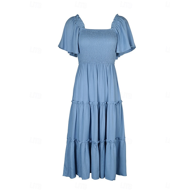 Women's Midi Dress Casual Dress Swing Dress A Line Dress Stylish Basic Casual Vacation Daily Regular Fit Plain Short Sleeve Square Neck Blue Summer4