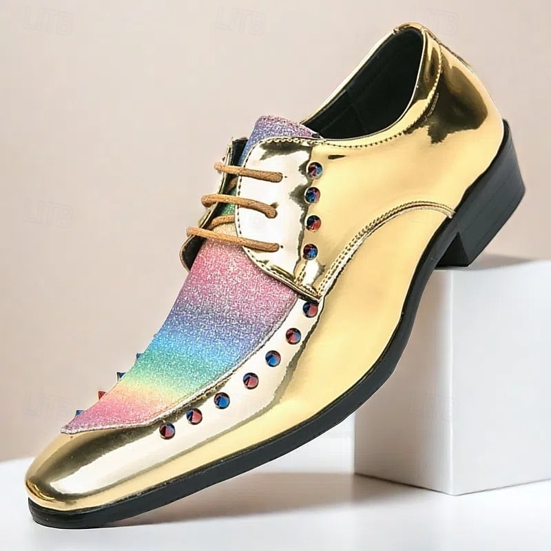 Men's Gold Metallic Faux Leather Oxford Shoes with Rainbow Glitter and Studded Details – Statement Footwear for Parties, Weddings and Special Events