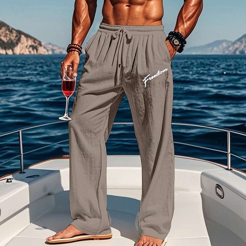 Men's Cotton Linen Pants Drawstring Elastic Waist Wide Leg Baggy Pants Graphic Letter Printed Comfort Full Length Outdoor Streetwear Vacation Hawaiian Trousers White Blue Micro-elastic