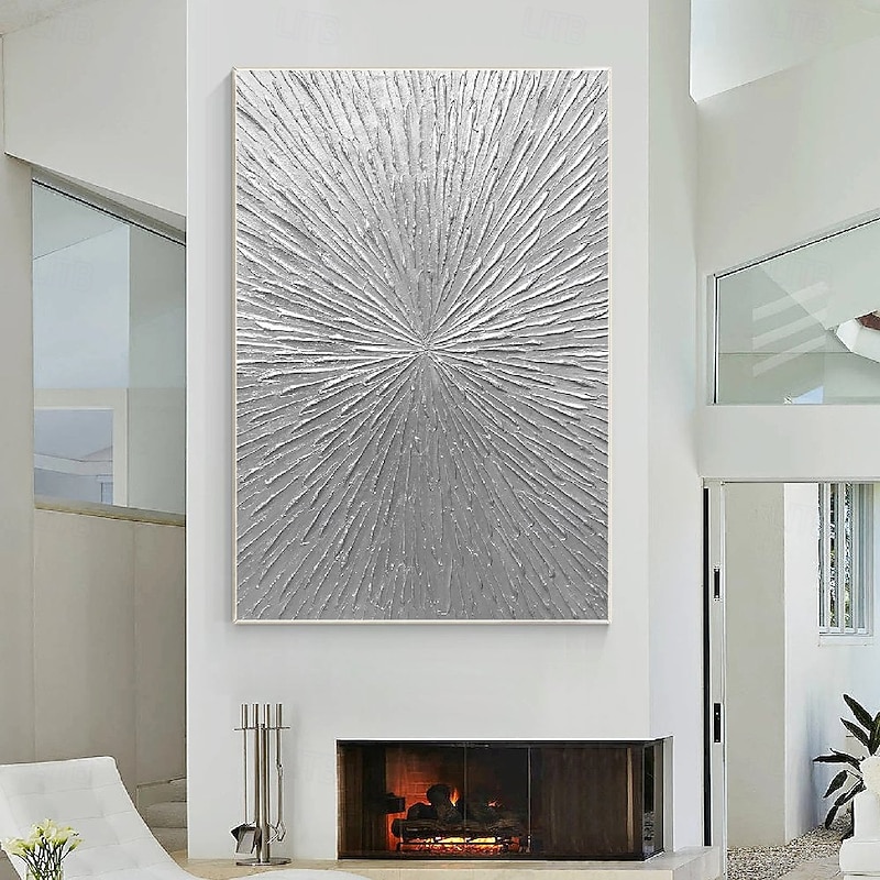 Silver Rays Abstract Thick Textured Original Oil Painting Living Room Wall Art Decor Vertical Wall Art Silver Minimalist Painting on Canvas2
