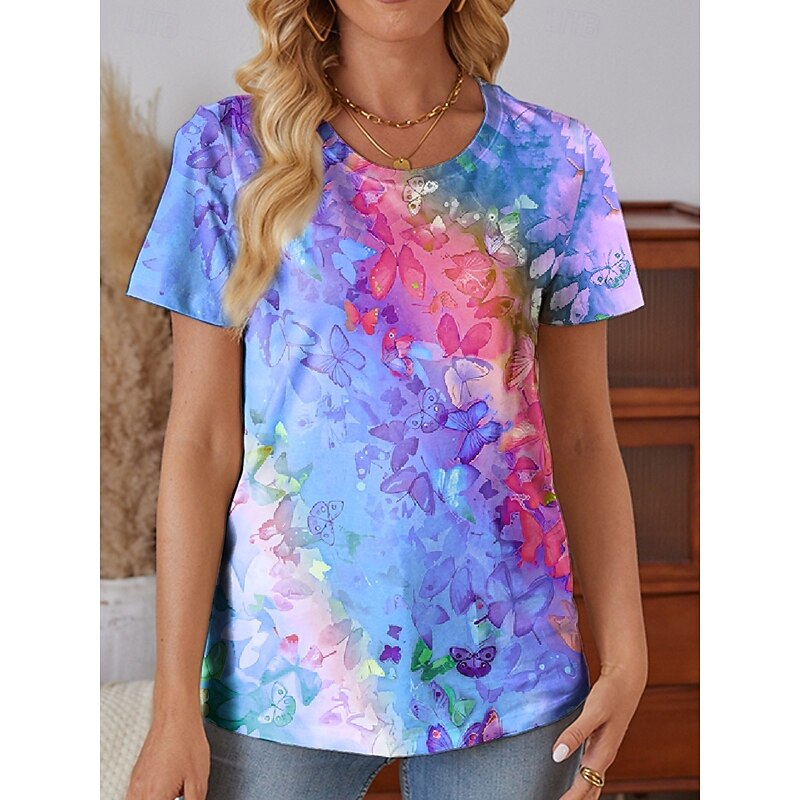 Women's T Shirt Gradient Casual Short Sleeve Round Neck Regular Tops Daily Print Blue Purple Green Rainbow Summer4