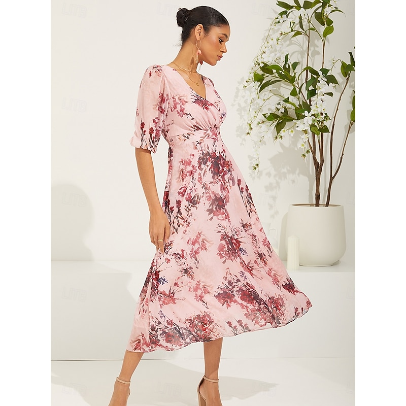Women's Midi Dress Chiffon Dress Elegant Stylish Puff Sleeve Wedding Wedding Guest Daily Regular Fit Floral Half Sleeve V Neck Pink Summer Spring Fall2