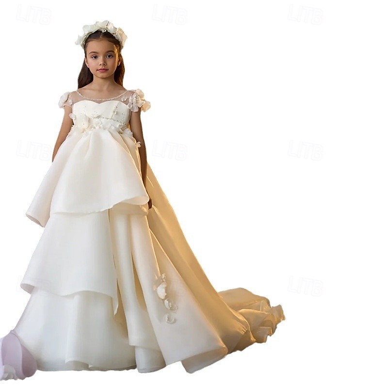 Flower Girl Dress Girls' Formal Dress First Communion Dress Party Dress Wedding Party Princess Sweet Christmas Carnival Ruched Solid Color Strapless Crew Neck White Purple 4 years+4
