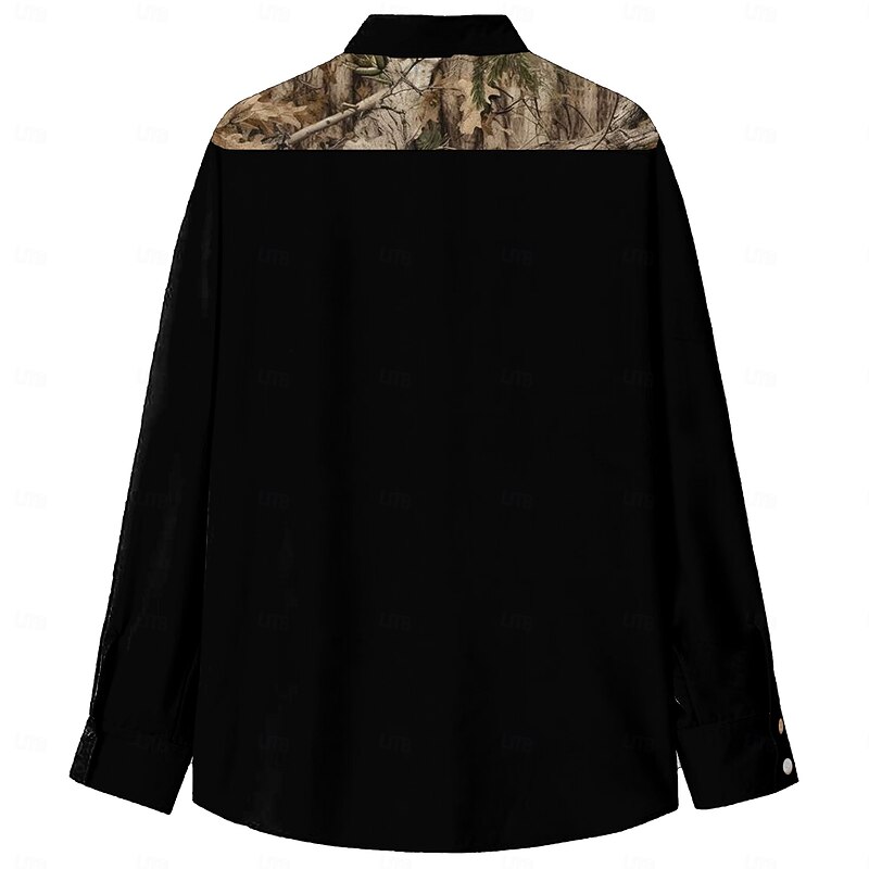 Men's Camouflage Western Shirt Long Sleeve Western Sports Outdoor Spring Fall Turndown Button Up 2 Pockets Black2