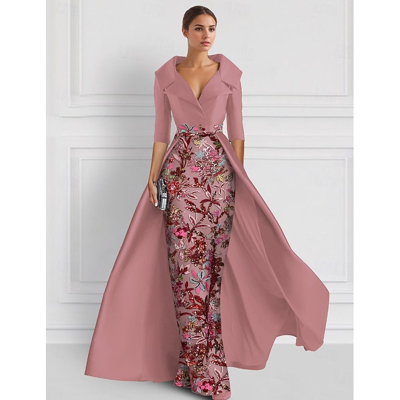 Embroidered Ball Gown A-Line Evening Gown Elegant Dress Formal Wedding Floor Length Half Sleeve Shirt Collar Satin with Slit Appliques 14