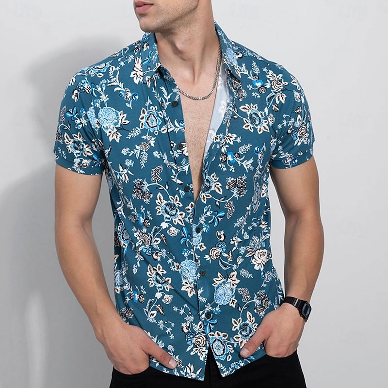Men's Floral Flowers Summer Hawaiian Shirt Aloha Shirt Short Sleeve Hawaiian Resort Vacation Holiday Beach Wear Summer Spring Turndown Button Up Blue4