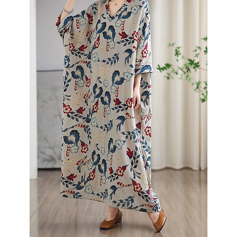 Women's Maxi Dress Cotton Linen Dresses Casual Dress Basic Casual Vacation Daily Regular Fit Floral Long Sleeve V Neck Gray Summer4