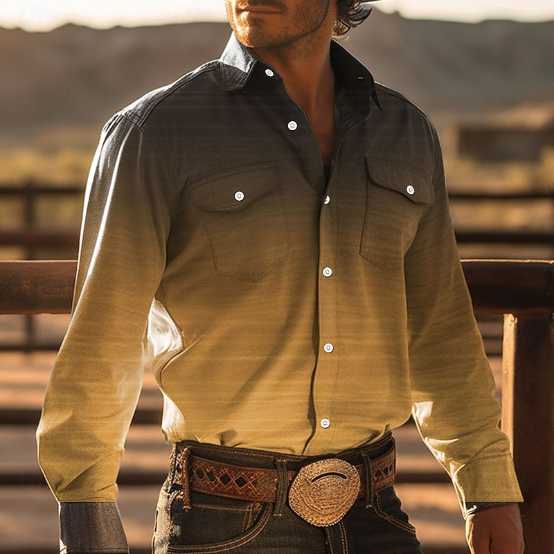 Men's Cowboy Western Shirt Button Up Shirt Cowboy Shirt Long Sleeve Vintage Western Style Daily Wear Spring Fall & Winter Turndown Collared Shirts 3D Print Front Pocket Yellow Blue Khaki3