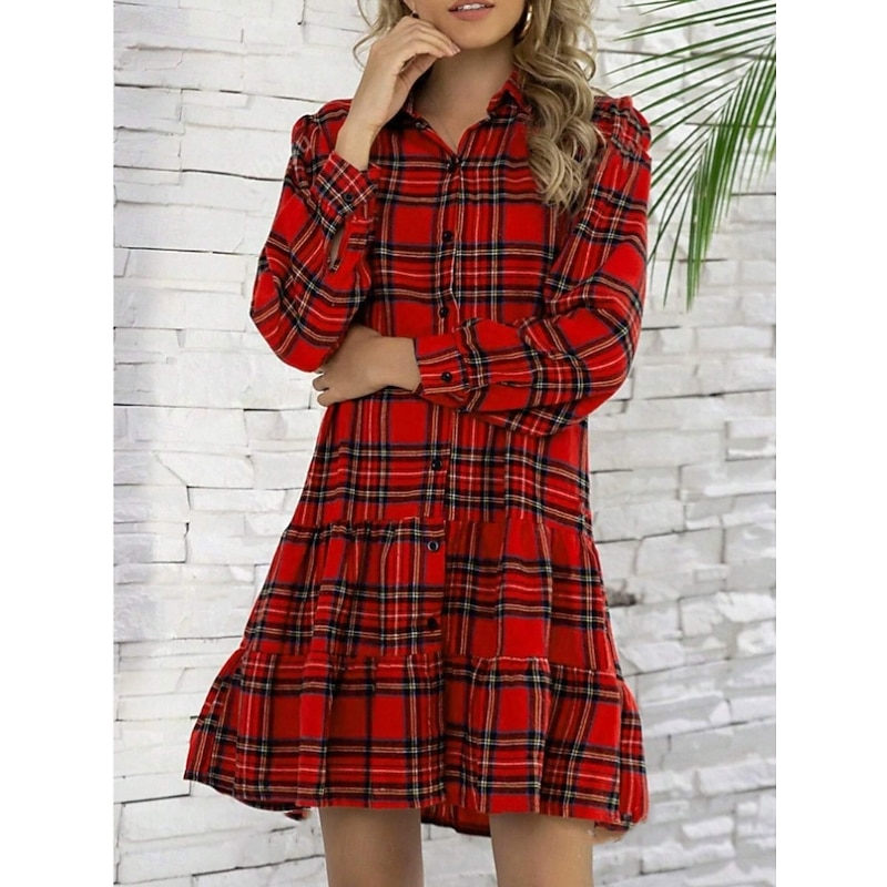 Women's Shirt Dress Tiered Dress Mini Dress Formal Business Daily Polyester Elegant Fashion Shirt Collar Patchwork Buttons Long Sleeve Spring Fall Regular Fit Plaid3