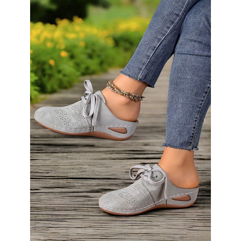 Women's Perforated Wedge Mules with Soft Sole and Decorative Stitching – Casual Vintage Shoes for Daily Wear and Outdoor Activities3