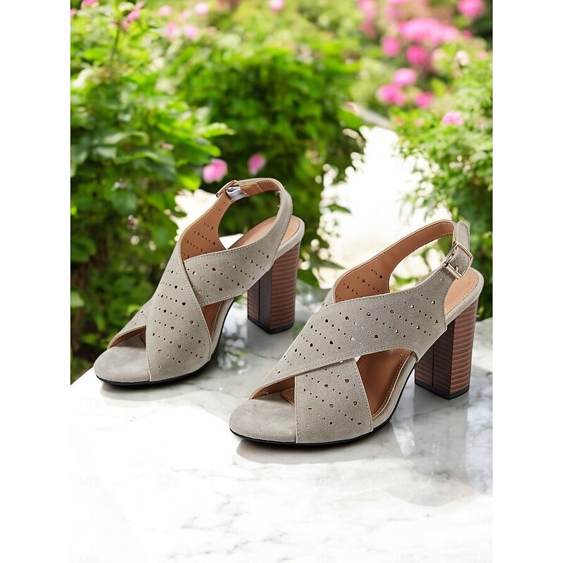 Women's Light Grey Perforated High Heel Sandals with Adjustable Buckle Strap and Open Toe Design - Elegant Summer Shoes for Casual and Formal Events