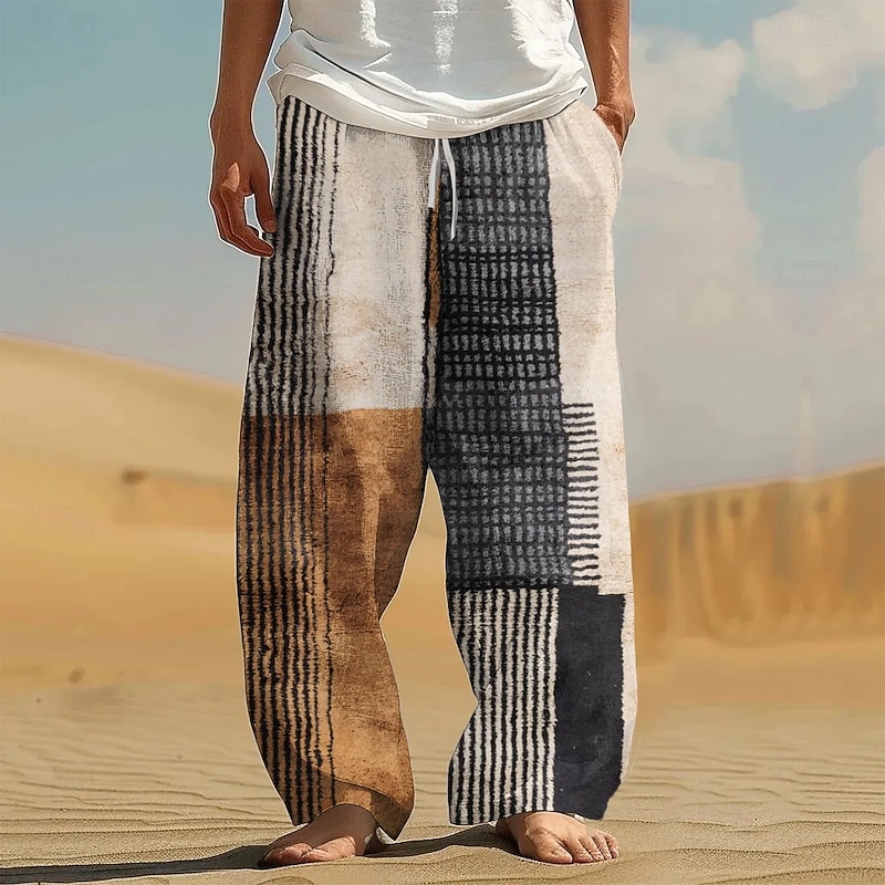 Men's Color Block Patchwork Trousers Casual Pants Drawstring Elastic Waist Hawaiian Ethnic Casual Outdoor Vacation Holiday Side Pockets Straight Leg Trousers Summer Spring Fall 3D Print Blue Brown