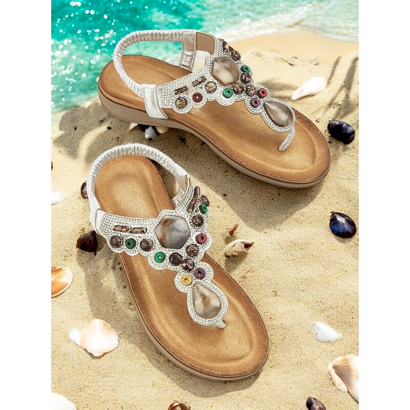 Women's Beaded T-Strap Sandals with Embellished Detail and Comfortable Wedge Heel – Ideal for Beach, Vacation and Casual Outings2