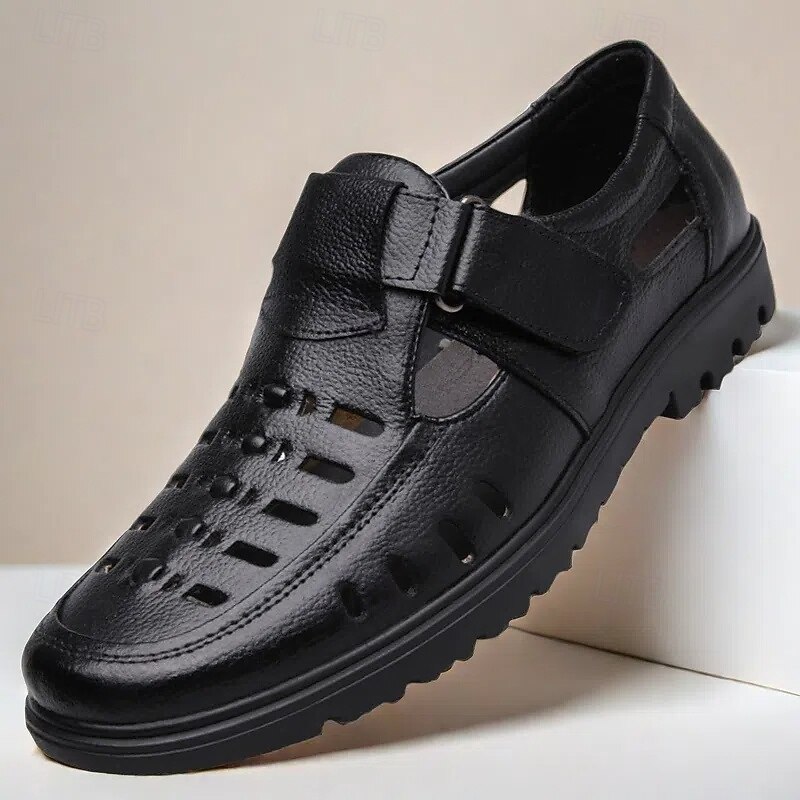 Men's Black Faux Leather Sandals – Breathable Cut-Out Design with Adjustable Strap, Lightweight Casual Shoes for Summer and Outdoor Wear