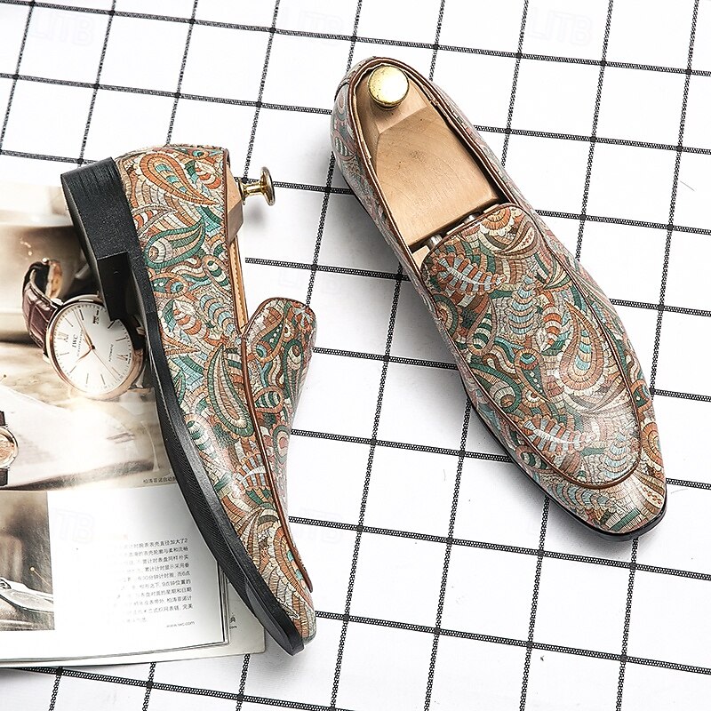 Men's Faux Leather Loafers with Colorful Paisley Pattern – Stylish Slip-On Shoes for Formal and Casual Occasions3