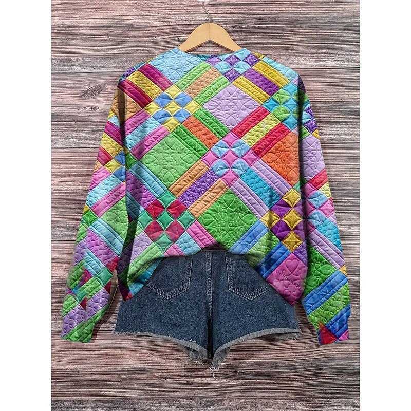 Women's Sweatshirt Geometric Color Block Casual Long Sleeve Round Neck Regular Tops Work Dailywear Casual Print Green Fall Winter2