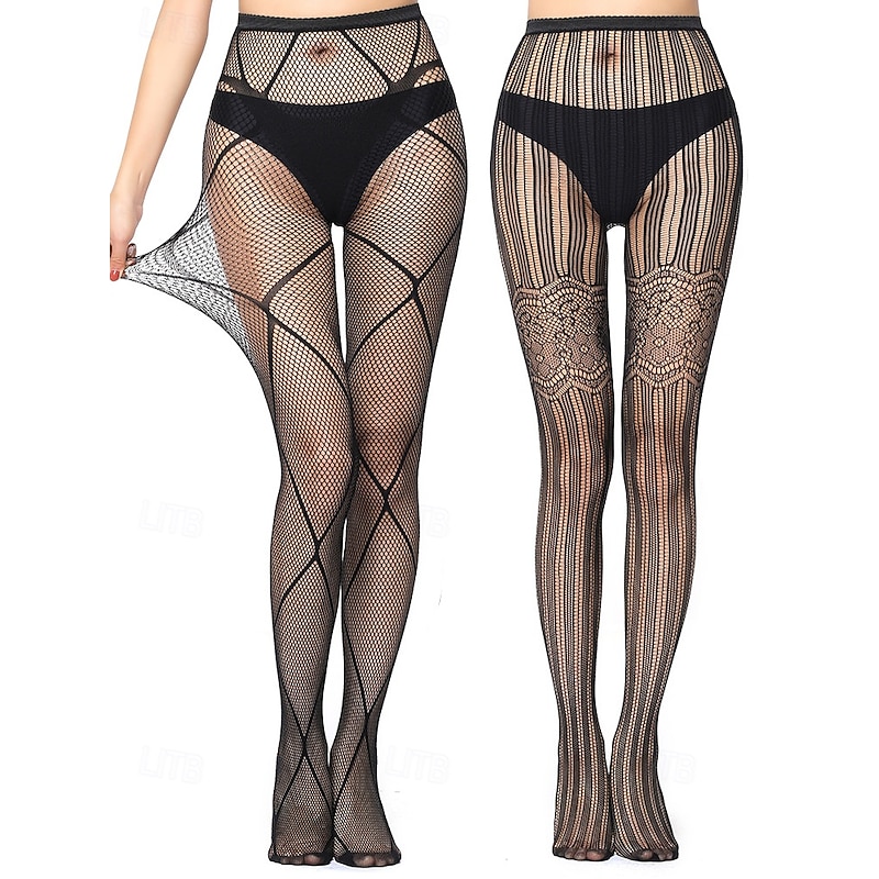 2-Pair Set Women's Lace Pattern Fishnet Tights – Chevron & Floral Design Sheer Pantyhose for Party, Clubwear and Fashion4