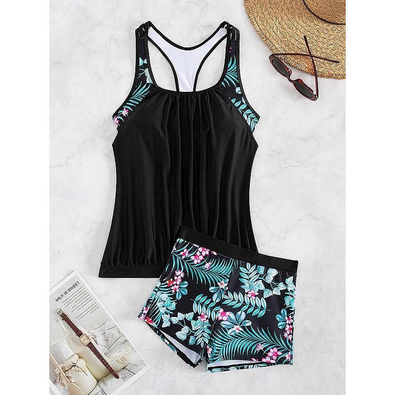 Women's Swimwear Tankini 2 Piece Shorts Swimsuit Backless Tummy Control High Waist Slim Vacation Beach Wear Floral Graphic U Neck Sleeveless Bathing Suits4