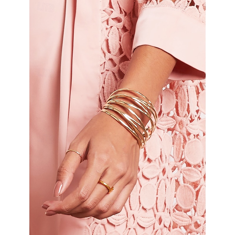 Gold Plated Open Cuff Bracelet with Multi-Layered Design, Elegant Statement Jewelry for Women, Perfect for Weddings, Parties, and Formal Events