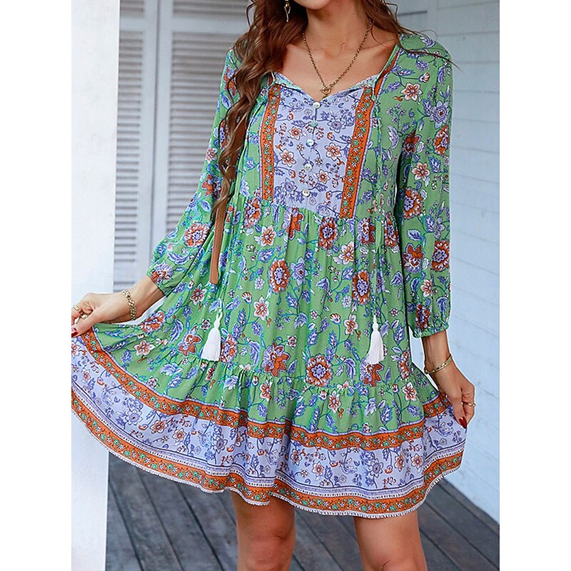 Women's Mini Dress Petite Dress Casual Dress Boho Chic Dresses Boho Dress Bohemia Cute Stylish Vacation Daily Beach Loose Fit Graphic Long Sleeve V Neck Red Green Spring Fall3